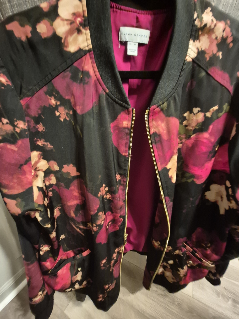 Susan Graver Black Bomber Jacket with Magenta Floral Print